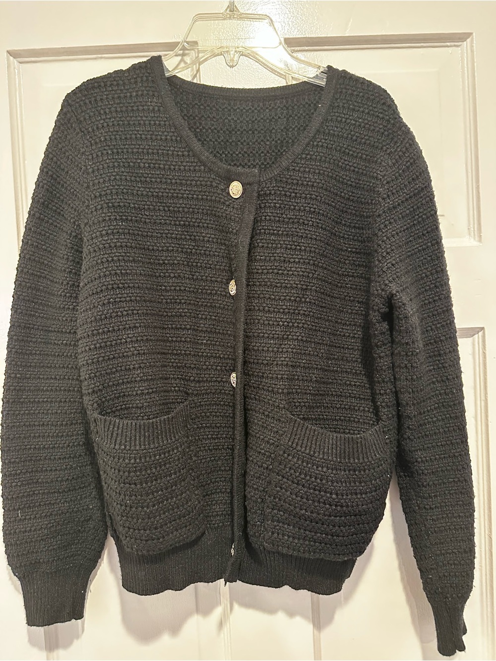 Black Textured Knit Cardigan with Front Pockets